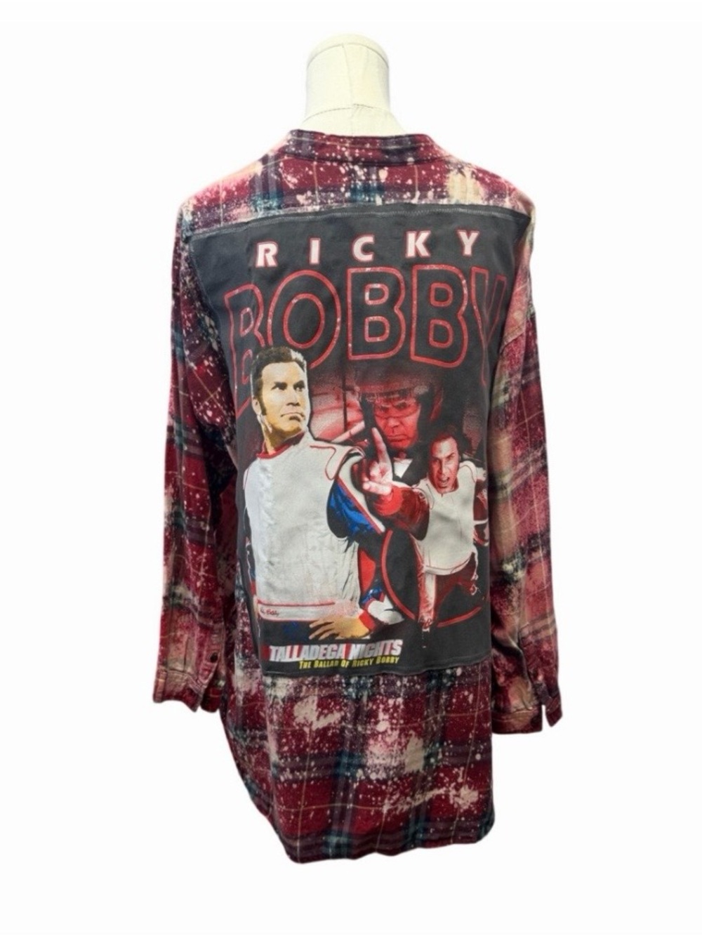 Ricky Bobby upcycled custom flannel shirt gray graphic tee on back bespoke